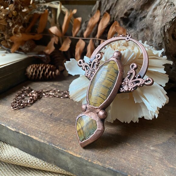 Electroformed Copper Tiger Eye Moon Pendant Necklace - Sacred Altar Wiccan - Picture 2 of 4
